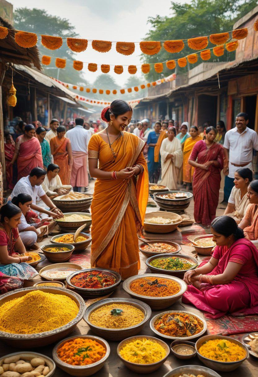 A vibrant market scene showcasing Bengali artisans creating intricate handicrafts, with colorful textiles and pottery. Add a table laden with traditional Bengali dishes like biryani and sweets, surrounded by locals enjoying the meal. In the background, depict a festival celebration with folk dancers in traditional attire. Emphasize the warm colors and rich details to reflect the elegance of Bengali culture. super-realistic. vivid colors. dynamic composition.