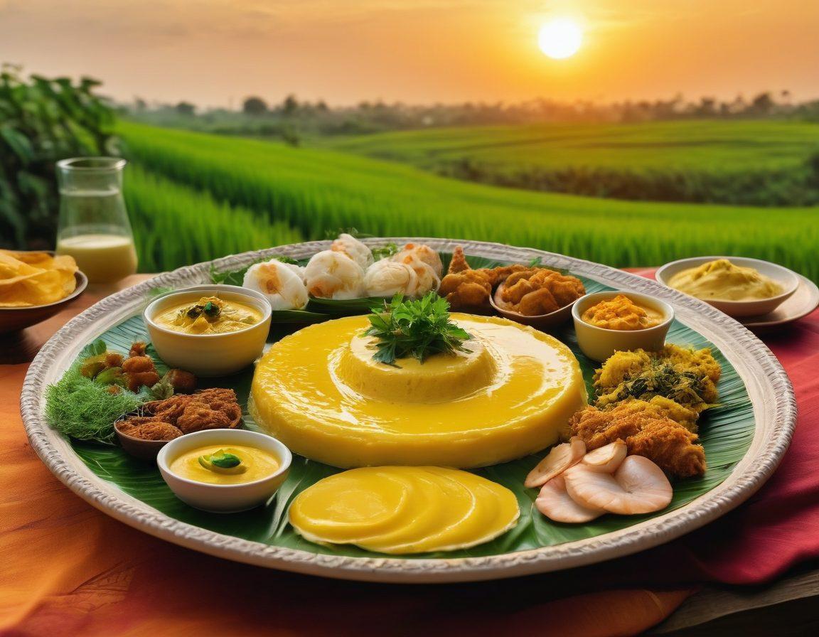 A beautifully arranged platter showcasing an array of traditional Bengali dishes, such as fish curry, shorshe ilish, and mishti doi, set against a vibrant backdrop of lush paddy fields and a sunset sky. Include intricate Bengali decorative motifs and herbs scattered artistically around the plate to emphasize freshness. super-realistic. vibrant colors. warm lighting.