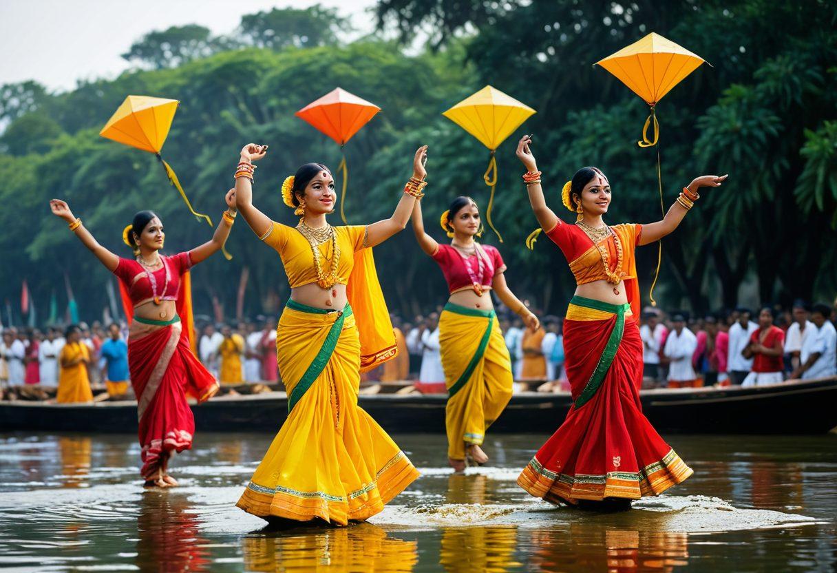 A vibrant scene depicting a lively Bengali festival, showcasing traditional dancers in colorful attire, intricately crafted clay idols, and graceful boat races on a serene river. Surround the scene with lush greenery, festive decorations like marigold flowers and colorful kites flying in the sky, capturing the essence of Bengali heritage. super-realistic. vibrant colors. cultural richness.